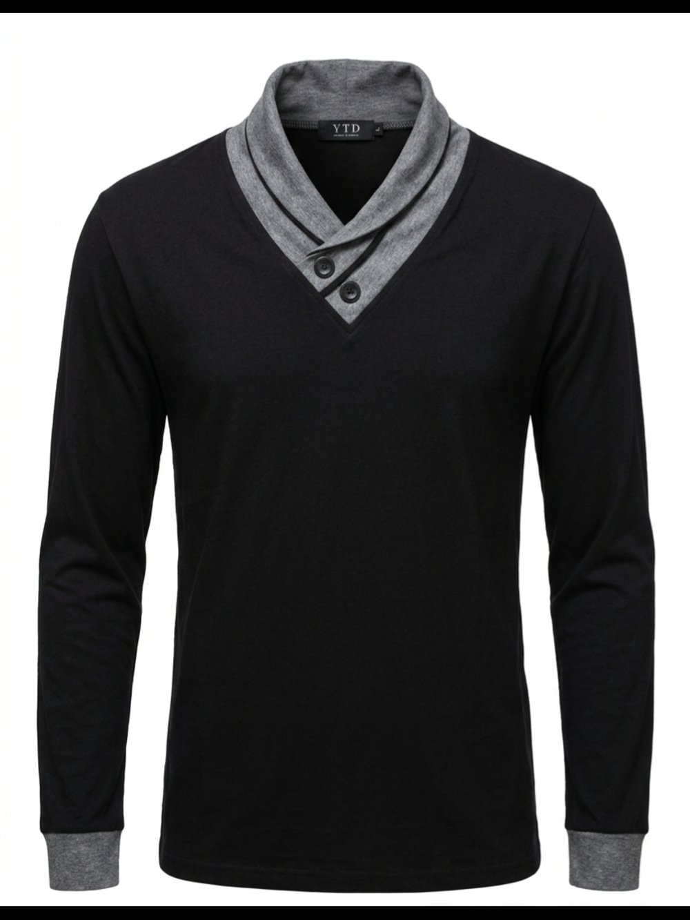 Men's Black V-Neck Sweater with Gray Shawl Collar